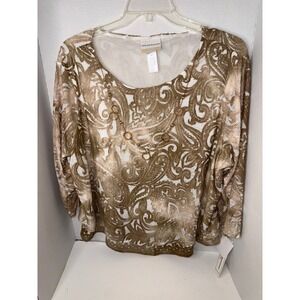 Alfred Dunner Woman 2X Top Gold Paisley Print 3/4 Sleeve Scoop Neck Blouse New
